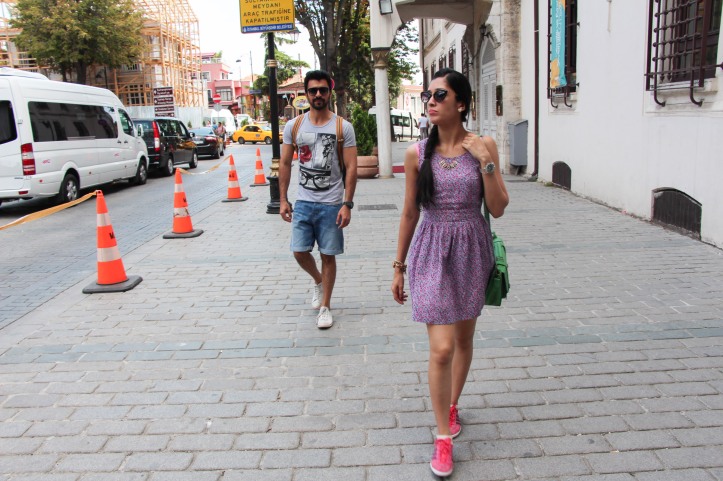 Walking up to the Sultan Ahmed area. On Sheral - Cateye Shades by Tom Ford, Dress by Forever 21, Neckpiece by Aldo, Shoes by Adidas Originals, Green Cambridge Satchel from Accessorize. On Manoj Kr - Shades by Armani, Watch by GShock, Shoes by Converse, Tee by Bershka, Denim Shorts by H&M.