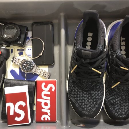 Airport security essentials in a tray